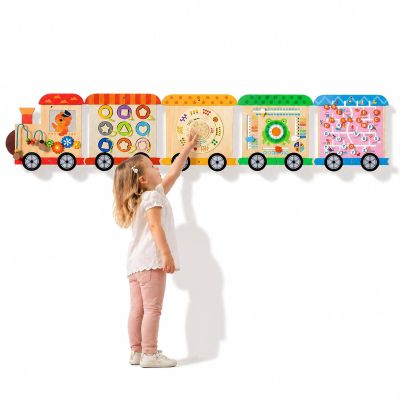 BROWNROOT Wooden Train Busy Board, Montessori Sensory Activity Wall Toy, 6-in-1 Toddler Travel Playset for Fine Motor Skills, Early Educational & Learning Gift for Boys Girls Ages 3-6