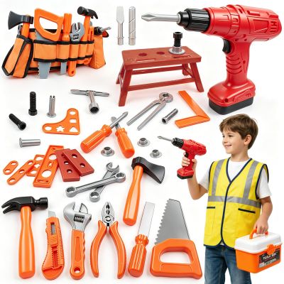 Kids Tool Set 55 PCS Toddler Tool Set with Electronic Toy Drill Pretend Play Construction Toys Kit with Tool Belt Toys Toys for Boys Girls Ages 2 3 4 5 (Orange-01)