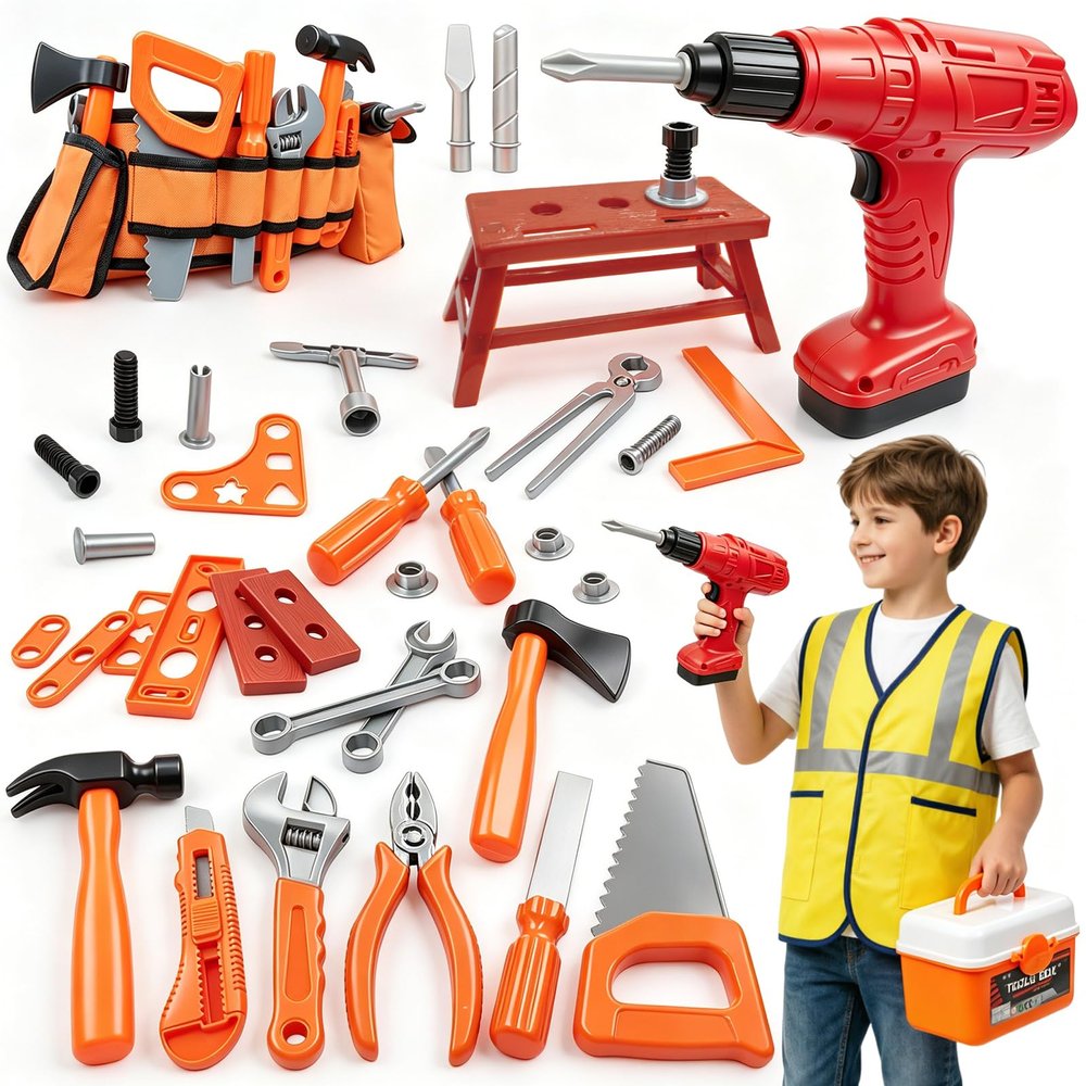 Kids Tool Set 55 PCS Toddler Tool Set with Electronic Toy Drill Pretend Play Construction Toys Kit with Tool Belt Toys Toys for Boys Girls Ages 2 3 4 5 (Orange-01)