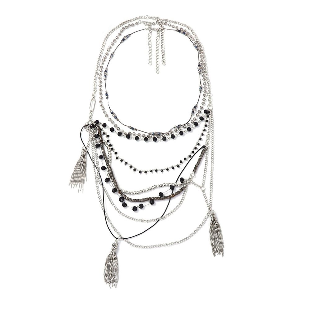 Bohemian Multi Strand Rope Tassel Pendant Multi-Layer Necklace Sweater Chain For Women,silvery,57+7cm