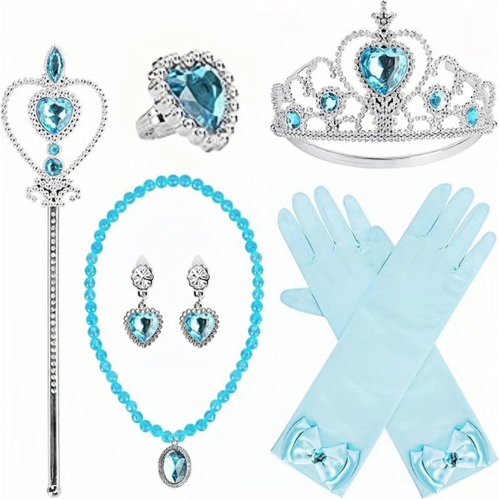 8pcs Princess Dress Accessories Set - Gloves, Wand, Crown & Jewelry For Costume Cosplay(Blue Set)