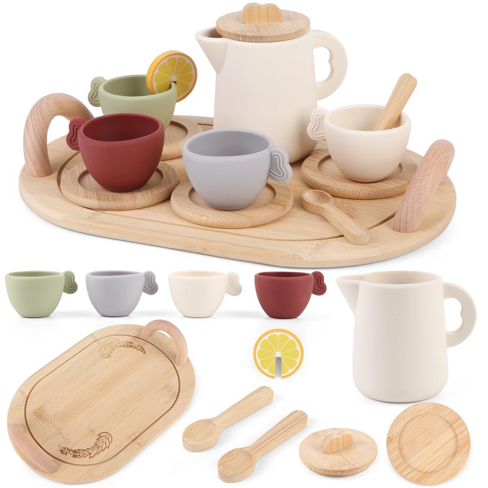 Wooden Tea Party Set Toddler Tea Set Kids Kitchen Accessories (Set)
