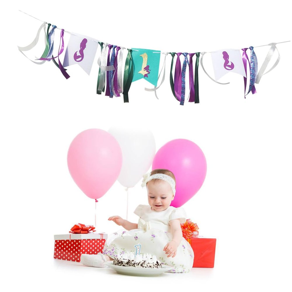 TOBBOMEY Mermaid Highchair Banner 1st Birthday Ribbon Garland for Girl Party Decoration First Year Celebration