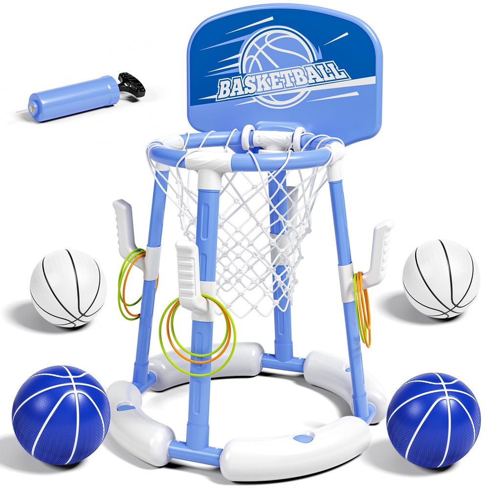 2 in 1 Pool Basketball Hoop with Backboard & Ring Toss Game,Floating Pool Toys with 4 Balls 8 Rings&Pump Summer Water Basketball Indoor Outdoor Toy Gifts Family Party for Kids Age 3-5 4-8 8-12& Adult