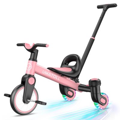 Umatoll 3-in-1 Toddler Tricycle for 18 Months to 5 Year Old, Toddler Toy with Adjustable Push Handle, Gift for Boy Girl Age 2-4, 360 Light-Up Drift Wheels (Pink)