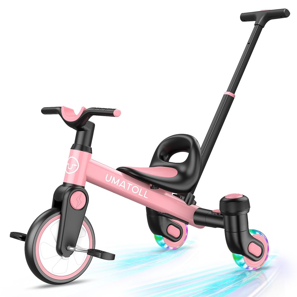 Umatoll 3-in-1 Toddler Tricycle for 18 Months to 5 Year Old, Toddler Toy with Adjustable Push Handle, Gift for Boy Girl Age 2-4, 360 Light-Up Drift Wheels (Pink)