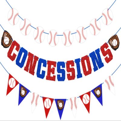 3Pcs Baseball Garland Banner - NO DIY Glitter Concessions Banner Ball Triangle Bunting Pennant Flag Sports Themed Game Day Decorations, Party Favors Home Run Birthday Party Supplies