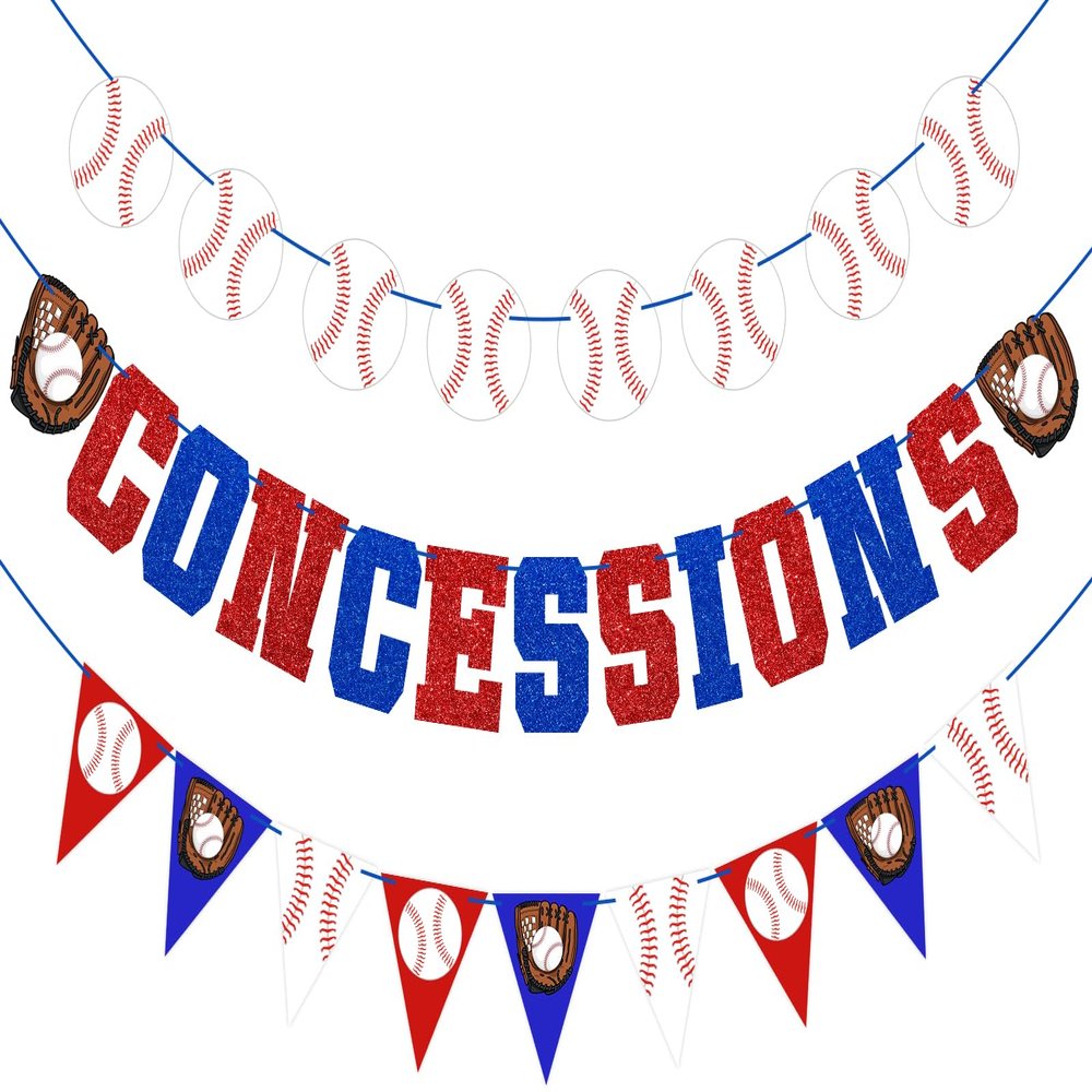 3Pcs Baseball Garland Banner - NO DIY Glitter Concessions Banner Ball Triangle Bunting Pennant Flag Sports Themed Game Day Decorations, Party Favors Home Run Birthday Party Supplies