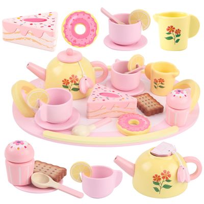 Tea Party Set Wooden Tea Sets for Toddlers 3-5 Play Food Pretend Play Toys Kids Tea Set for Girls 6-8 Birthday Gift Wooden Tea Party Set for Little Girls 3 4 5 6 Years Old Outdoor Tea Time Game