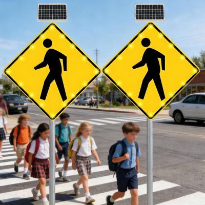 Solar-Powered 24" LED Flashing Pedestrian Crossing Sign - IP65 Weatherproof Aluminum Traffic Warning Sign for Roads, Parks & Schools (2-Pack)