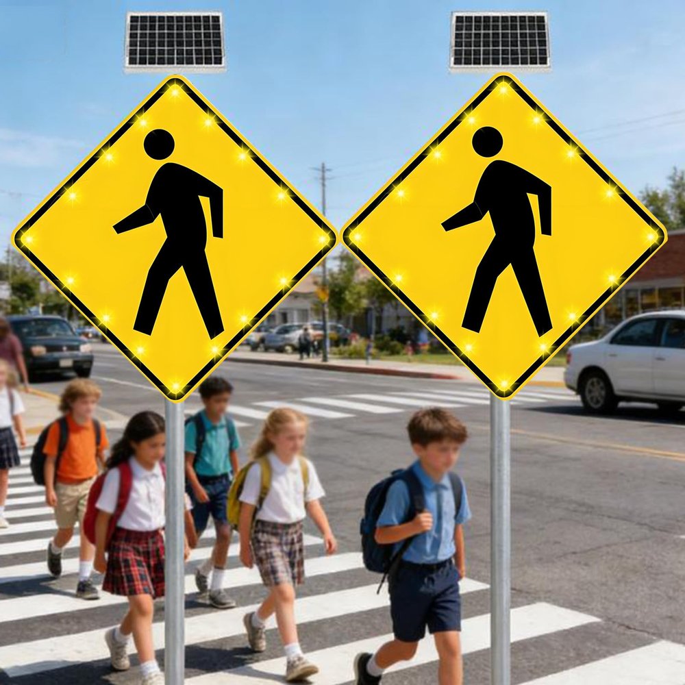 Solar-Powered 24" LED Flashing Pedestrian Crossing Sign - IP65 Weatherproof Aluminum Traffic Warning Sign for Roads, Parks & Schools (2-Pack)