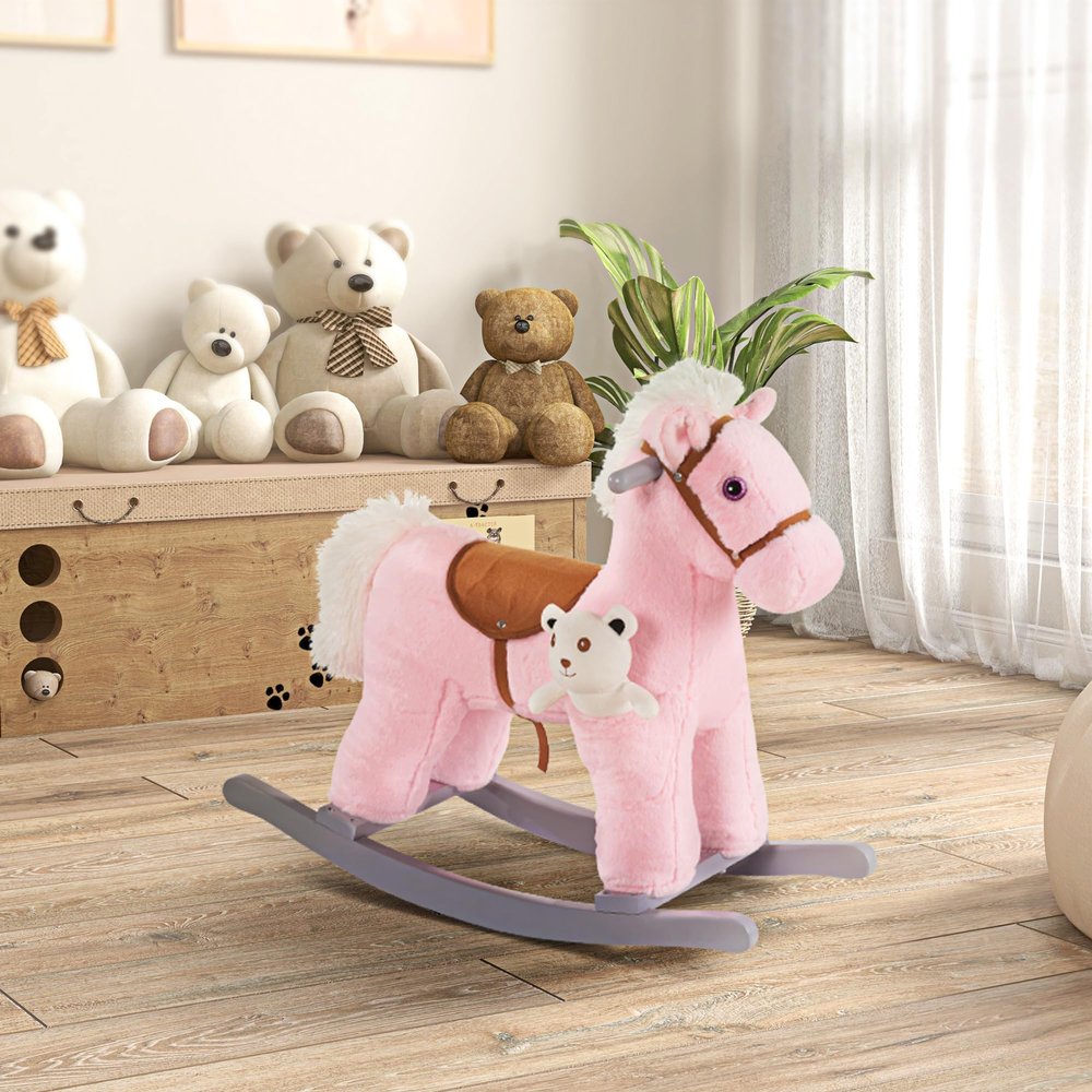 Wooden Rocking Horse with Soft Plush Body and Smooth Curved Rails for Gentle Back-and-Forth Motion