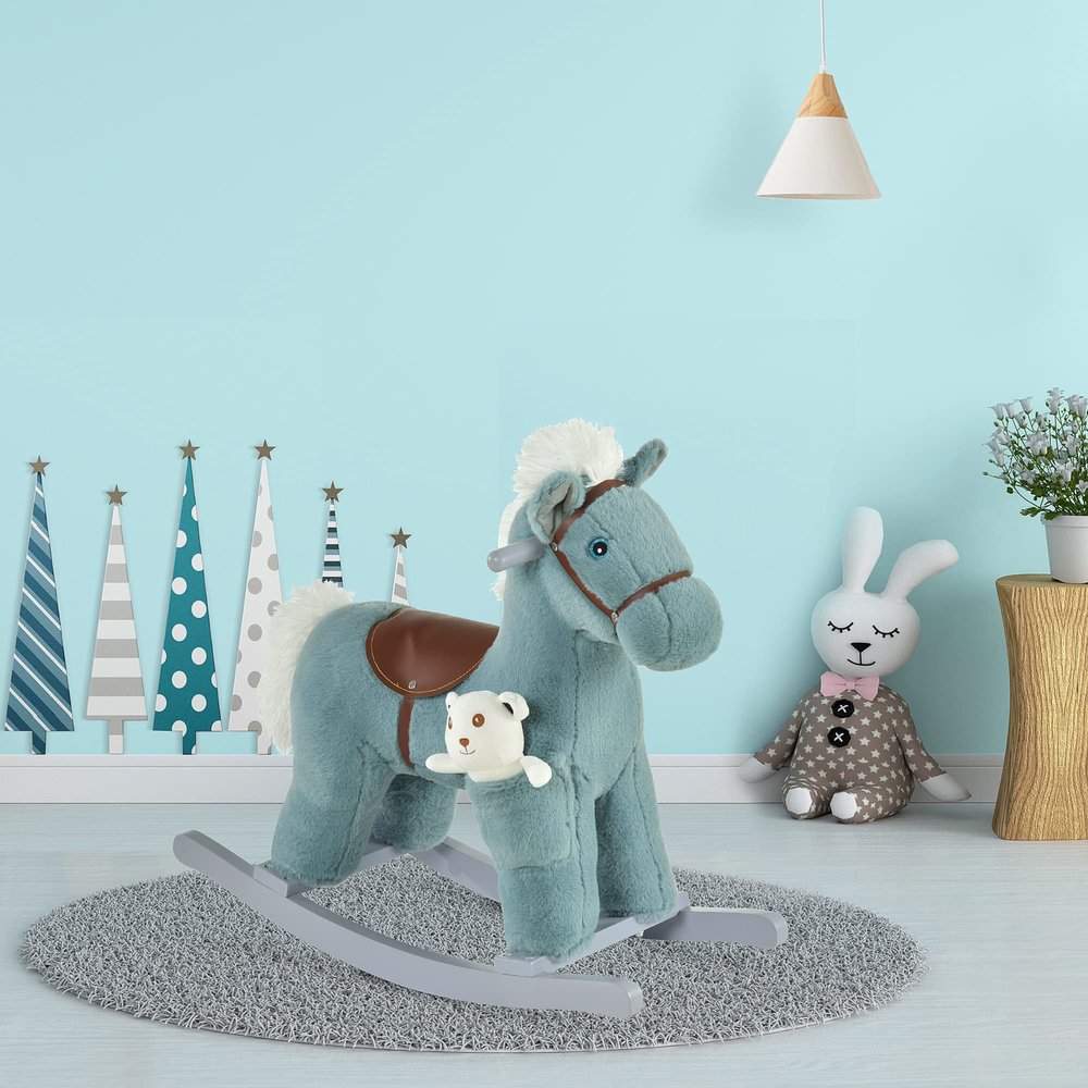 lafengyan Plush Rocking Horse with Wooden Rocker Base for Gentle Back-and-Forth Motion and Comfortable Seating Experience