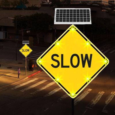 24 Inch Solar Powered LED Flashing Slow Warning Sign Metal Safety Warning Sign with Accessories, Slow Crosswalk Sign, Reflective Aluminum