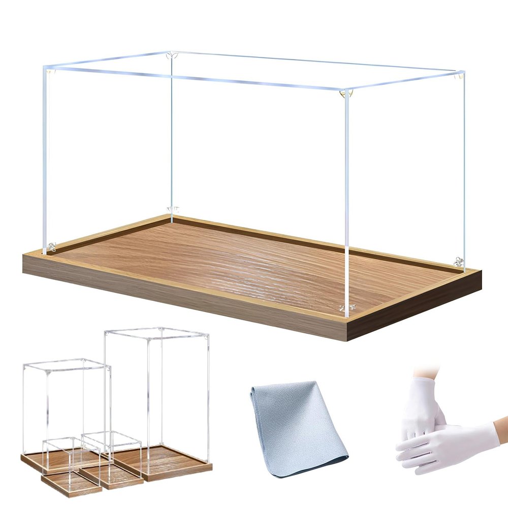 14x20x20in(Length x Width x Height) Acrylic Wood Grain Display Case,20mm high Base,Box 3MM Thickening,can be Stacked Suitable for Art Collections, Figure Models Transparent countertop Box