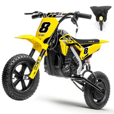 24V Kids Electric Dirt Bike - 250W Electric Motorcycle, 11 Mph Max Speed Electric Mini Dirt Bike with Music, 10 Miles Range, Twist Grip Throttle, Metal Suspension, Rubber Tire (Yellow, with Cover)