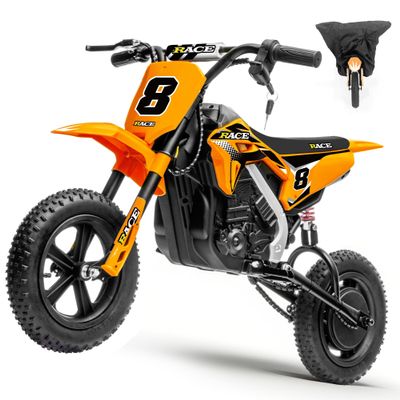24V Kids Electric Dirt Bike - 250W Electric Motorcycle, 11 Mph Max Speed Electric Mini Dirt Bike with Music, 10 Miles Range, Twist Grip Throttle, Metal Suspension, Rubber Tire (Orange, with Cover)