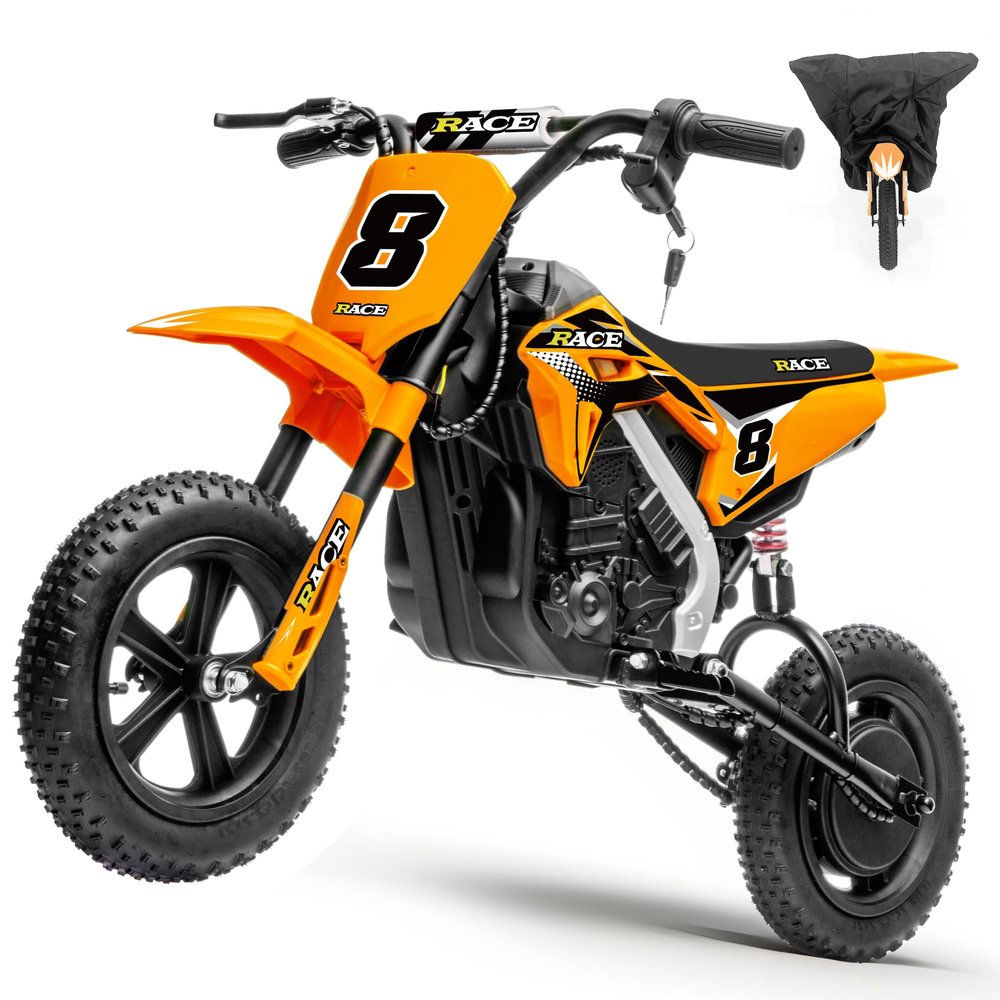 24V Kids Electric Dirt Bike - 250W Electric Motorcycle, 11 Mph Max Speed Electric Mini Dirt Bike with Music, 10 Miles Range, Twist Grip Throttle, Metal Suspension, Rubber Tire (Orange, with Cover)