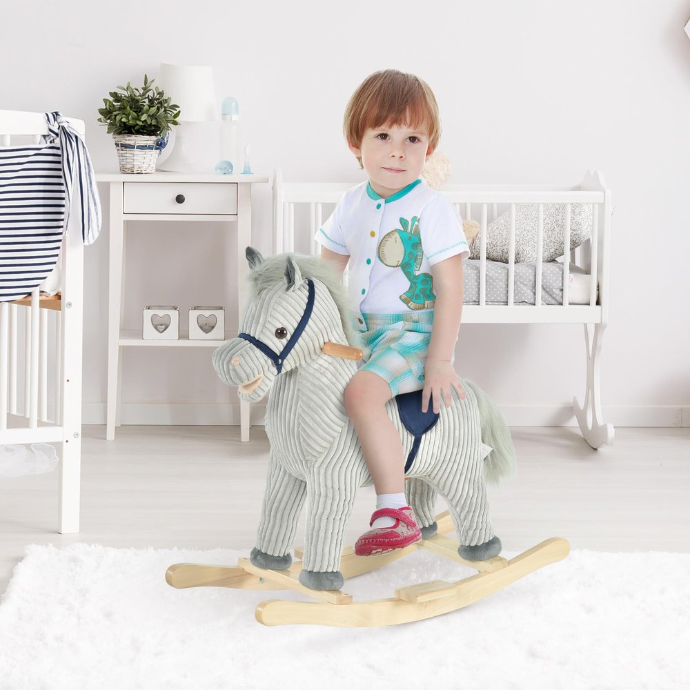 Classic Wooden Rocking Horse with Soft Corduroy Finish, Smooth Rocking Motion and Sturdy Poplar Wood Base for Gentle Indoor Play