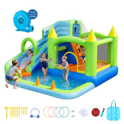 VEVOR Inflatable Bounce House, 11.3 x 12.3 x 7.0 ft Inflatable Bounce House Water Slide, Bouncer Castle with Castle Bounces, Basketball Hoop, Splash Pool & Water Ring Toss, for 3 to 4 Kids Ages 3 to 8