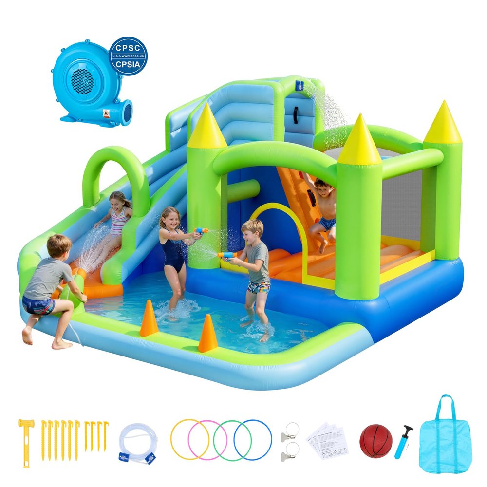 VEVOR Inflatable Bounce House, 11.3 x 12.3 x 7.0 ft Inflatable Bounce House Water Slide, Bouncer Castle with Castle Bounces, Basketball Hoop, Splash Pool & Water Ring Toss, for 3 to 4 Kids Ages 3 to 8
