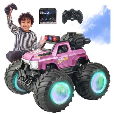 BEZGAR 1:18 Scale Remote Control Monster Truck, 4WD Monster Truck Toys with Music, Mist Spray & LED Light, 360 Stunt Spins RC Truck Toys for Boys 4 5 6 7 8 9 Years Old(Purple)