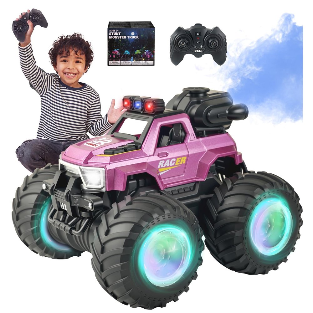 BEZGAR 1:18 Scale Remote Control Monster Truck, 4WD Monster Truck Toys with Music, Mist Spray & LED Light, 360 Stunt Spins RC Truck Toys for Boys 4 5 6 7 8 9 Years Old(Purple)