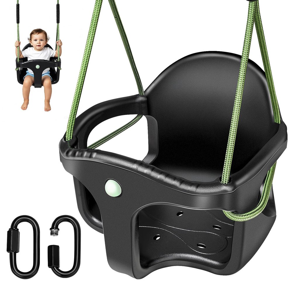 Dakzou Jungle Gym High Back Full Bucket Toddler Swing Seat Upgraded Heavy Duty with Finger Grip Chain Fully Assembled Swing Set AccessoryBlack