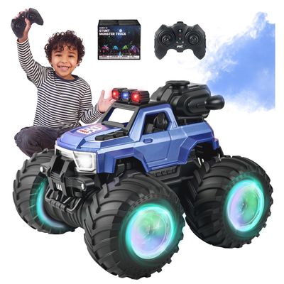 BEZGAR 1:18 Scale Remote Control Monster Truck, 4WD Monster Truck Toys with Music, Mist Spray & LED Light, 360 Stunt Spins RC Truck Toys for Boys 4 5 6 7 8 9 Years Old(Blue)