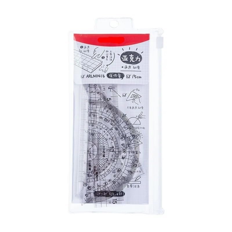 4 Pcs Ruler Set Student Exam Drawing 15cm +Triangular Ruler*2+Protractor School Stationery