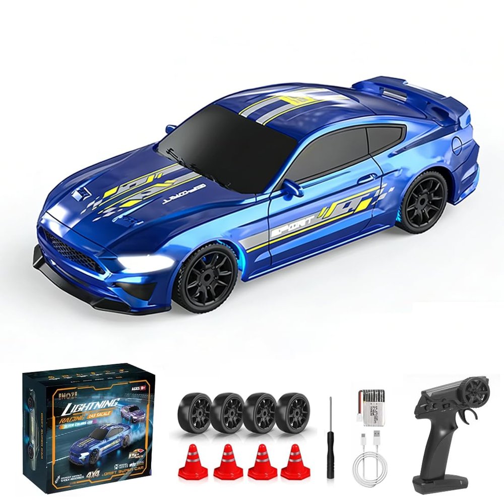 1:43 Scale 4WD RC Drift Car - 15KM/H High-Speed Racing Car 2.4GHz Full Proportional Control Vehicle with LED Light, RTR Toys for Adults & Hobbyists