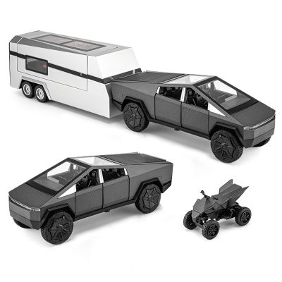 1:32 Scale Alloy Pickup Truck Toy with Trailer & ATV, Interactive Lights & Sounds, Opening Doors/Trunk, Pull-Back Function, Educational Vehicle Playset for Kids Boys Girls (Grey)