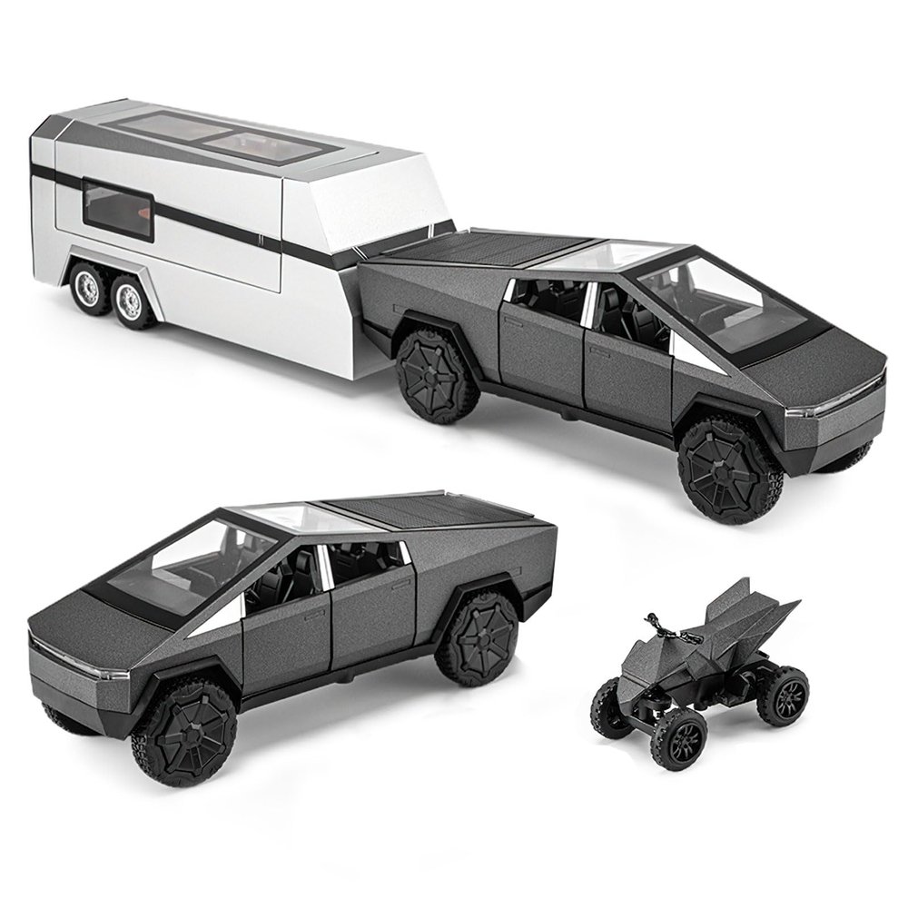 1:32 Scale Alloy Pickup Truck Toy with Trailer & ATV, Interactive Lights & Sounds, Opening Doors/Trunk, Pull-Back Function, Educational Vehicle Playset for Kids Boys Girls (Grey)