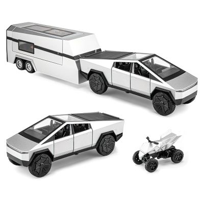 1:32 Scale Alloy Pickup Truck Toy with Trailer & ATV, Interactive Lights & Sounds, Opening Doors/Trunk, Pull-Back Function, Educational Vehicle Playset for Kids Boys Girls (Silver)
