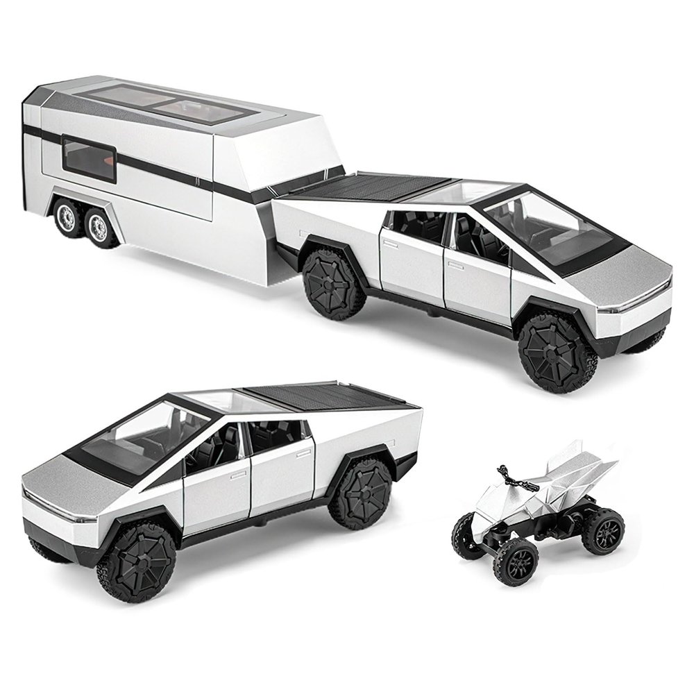 1:32 Scale Alloy Pickup Truck Toy with Trailer & ATV, Interactive Lights & Sounds, Opening Doors/Trunk, Pull-Back Function, Educational Vehicle Playset for Kids Boys Girls (Silver)