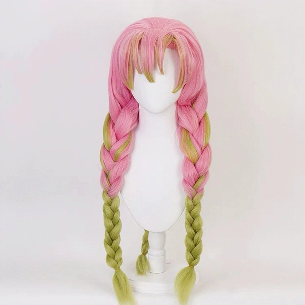 Joaquin Long Pink Green Mixed Cosplay Wig Braided Hair Wig with Bangs for Women Anime Events Party Costume Photography Video Shoots