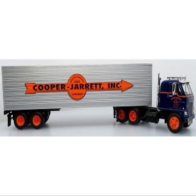 1959 International DCOF-405 Truck with Box Trailer Cooper Jarrett Inc. Dark Blue with Orange Stripes North American Vintage Truck Collection 1/43 Diecast Model 43-0637