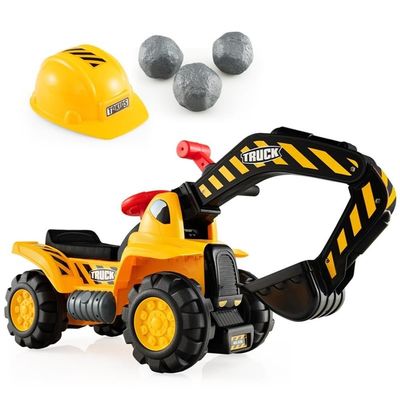 Pemberly Row Toddler Ride-On Excavator Digger Truck, Yellow, Durable PP Body, HDPE Wheels, Functional Arm with Built-in Sounds, Storage Seat, Construction-Inspired Outdoor Toy for Kids Age 3+