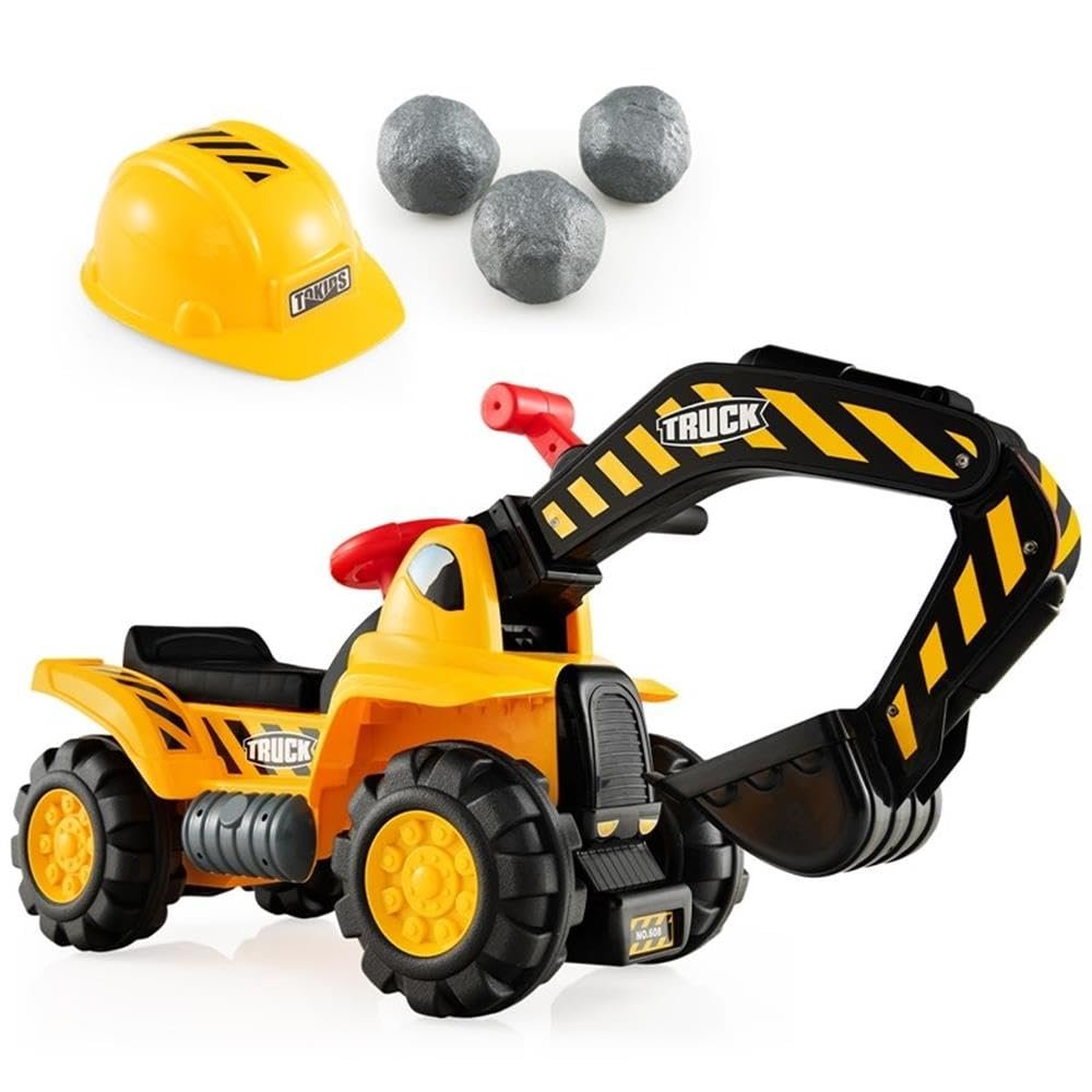Pemberly Row Toddler Ride-On Excavator Digger Truck, Yellow, Durable PP Body, HDPE Wheels, Functional Arm with Built-in Sounds, Storage Seat, Construction-Inspired Outdoor Toy for Kids Age 3+