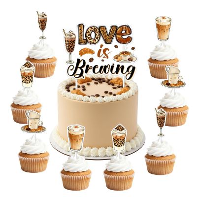 13PCS Love Is Brewing Bridal Shower Decorations Cupcake Cake Toppers Leopard Print Coffee Cake Decorations for Cafe Bar Bachelorette Bridal Shower Wedding Shower Party Favors Supplies