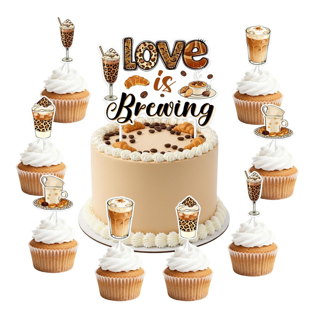 13PCS Love Is Brewing Bridal Shower Decorations Cupcake Cake Toppers Leopard Print Coffee Cake Decorations for Cafe Bar Bachelorette Bridal Shower Wedding Shower Party Favors Supplies