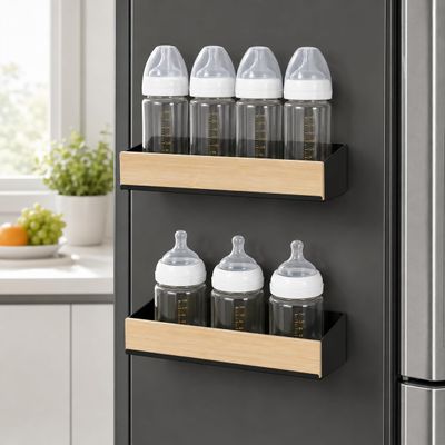 2 Pack Magnetic Baby Bottle Organizer, Baby Bottle Storage Rack for Refrigerator Side, Metal Bottle Holder Shelf for Nursery Feeding Station, Bottle Holder for Countertop or Kitchen