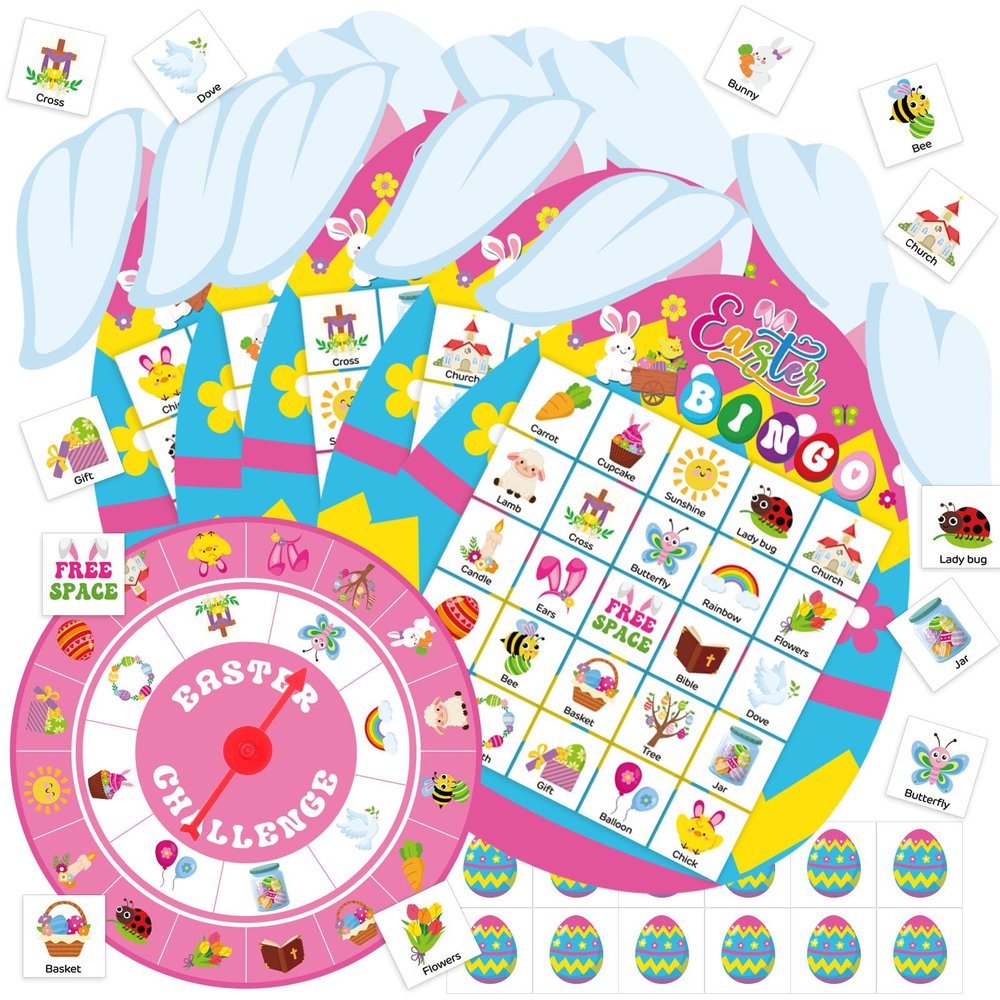 Capoda Easter Bingo Game for 24 Players Adults Easter Egg Bunny Bingo Cards with Turntable Marking Cards Spring Party Games for Family Friends Large Group School Classroom Activities Party Favors