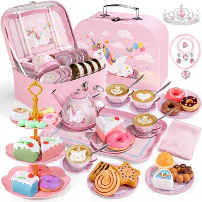 Tea Party Set for Little Girls, 49PCS Princess Tea Time Toys Including Tea Set Dessert Carrying Case, Toddler Girl Toys Kids Kitchen Pretend Playset, 3 - 8 Year Old Girl Birthday Children's Day Gifts