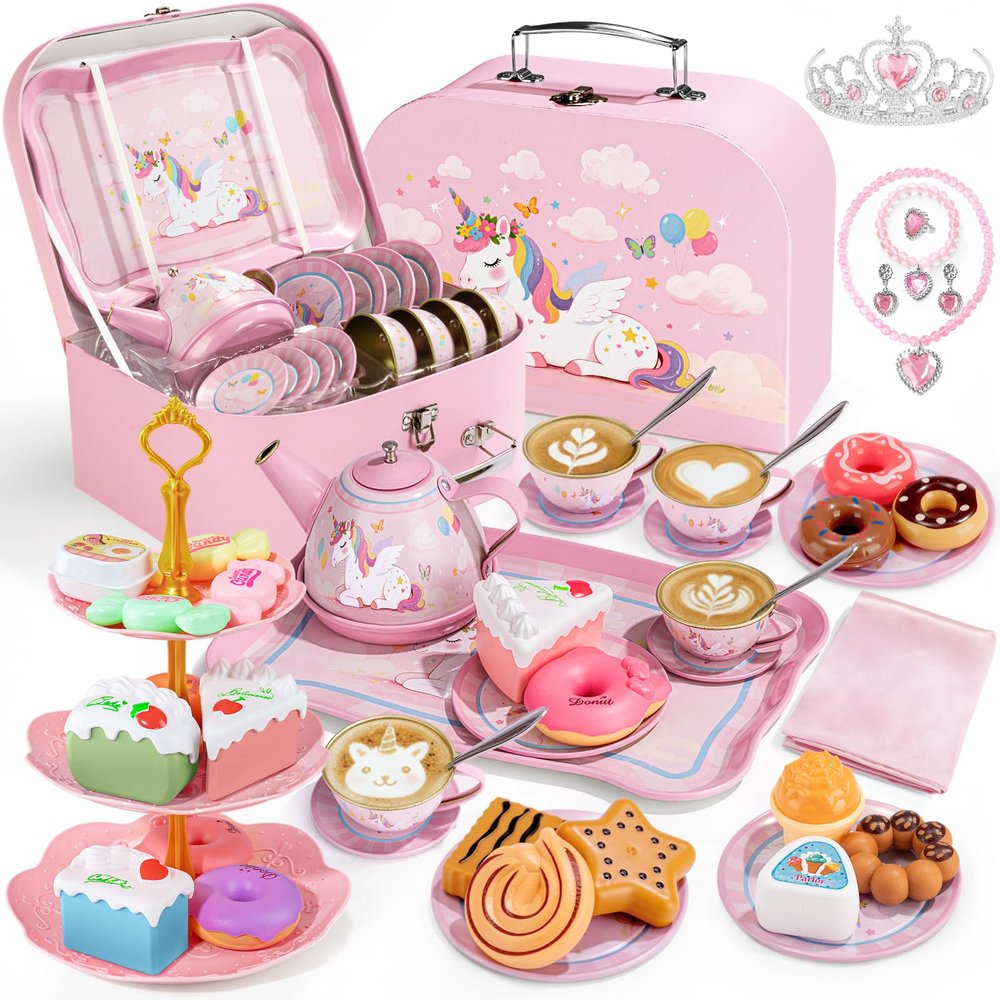Tea Party Set for Little Girls, 49PCS Princess Tea Time Toys Including Tea Set Dessert Carrying Case, Toddler Girl Toys Kids Kitchen Pretend Playset, 3 - 8 Year Old Girl Birthday Children's Day Gifts
