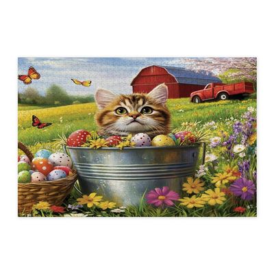 Spring Easter Exotic Shorthair Cat Jigsaw Puzzles for Adults 1000 Piece, Farmhouse Barn Kitten Wooden Printed Puzzles, Country Pet Pattern Decor for Home Entertainment