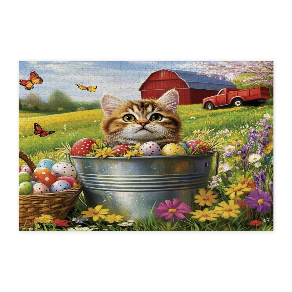 Spring Easter Exotic Shorthair Cat Jigsaw Puzzles for Adults 1000 Piece, Farmhouse Barn Kitten Wooden Printed Puzzles, Country Pet Pattern Decor for Home Entertainment