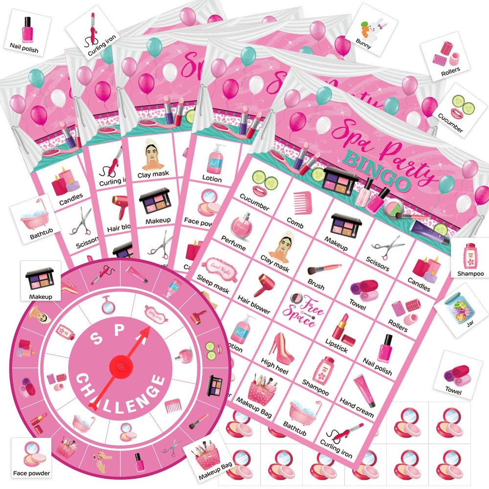Capoda Spa Party Bingo Game for 24 Players Adults Pink Makeup Bingo Cards with Turntable Marking Cards Beauty Themed Games for Women Sleepover Bachelorette Slumber Family Friends Group Party Favors