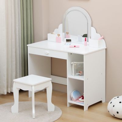 HarmoHaby Wavy White Vanity Desk with Mirror and Lights, 47.5" Large Makeup Table with Glass Top & Charging Station, MDF Dressing Table with Drawers for Bedroom, Women Girls Kids