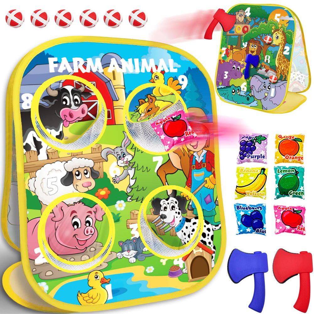 3-in-1 Farm Animal Bean Bag Toss Game for Boy Toddler Ages 3 4 5 Year Old, Cornhole Bags Set for 3-5 Preschool Kid, Outdoor Play Outside Toys in Backyard Lawn, Indoor Family Party Game, Birthday Gifts